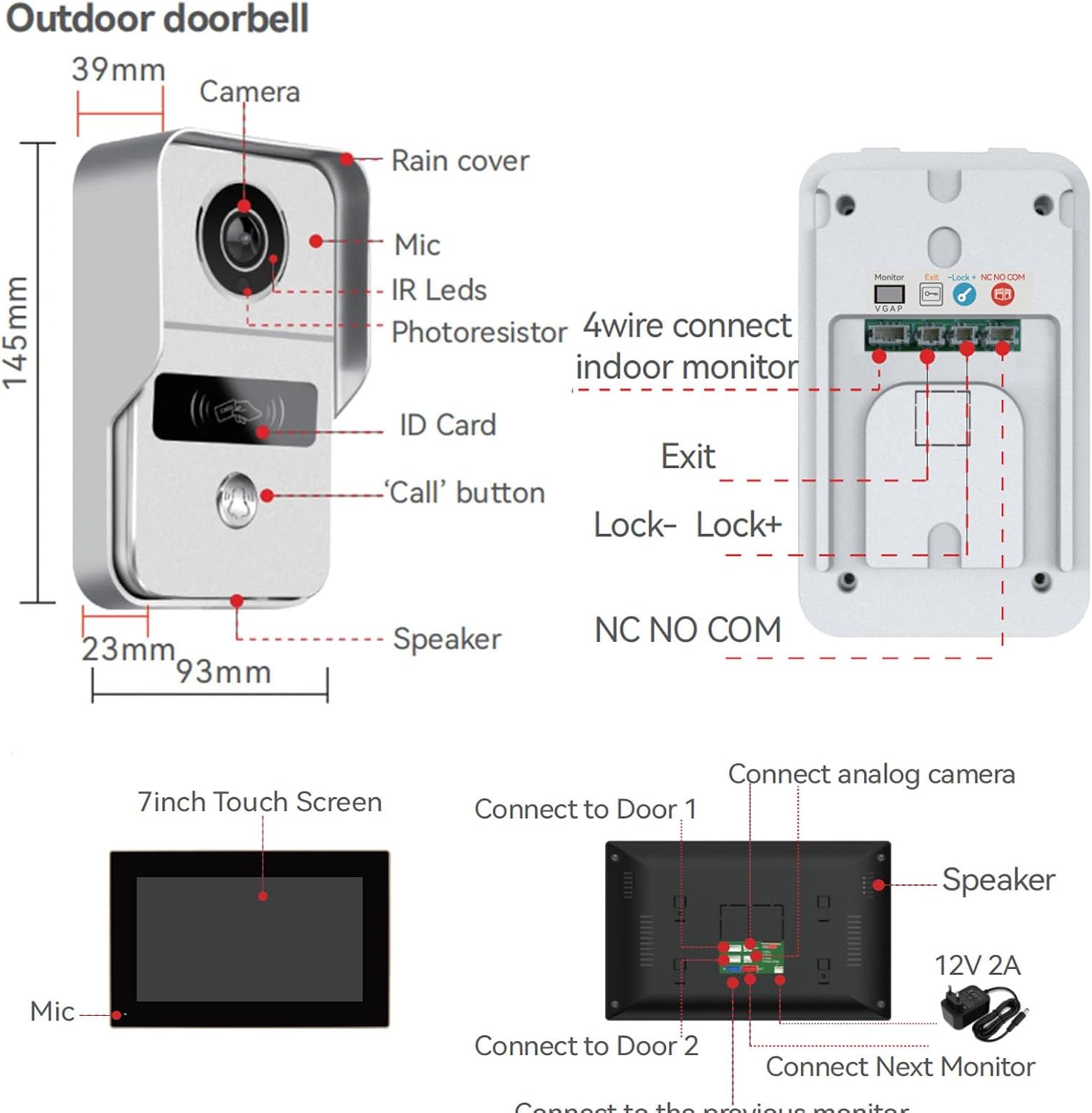 Wired Video Doorbell Apartment Intercom with 7 inch Touch Monitor System,1080P Doorphone Door Camera,TUYA WiFi Smart Home Video Intercom Door Phone Kits for Home Villa (2 doorbell+4 Monitor)