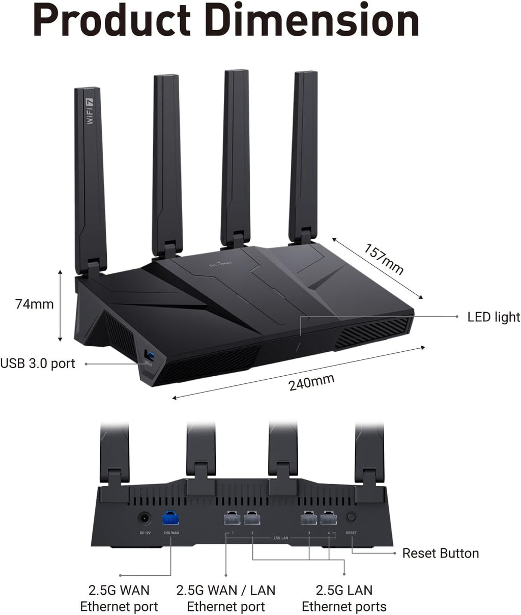 GL.iNet GL-BE9300 (Flint 3) Tri-Band WiFi 7 Router, High-Speed 6GHz Gaming WiFi Router for Wireless Internet, Long Range, 5 x 2.5G VPN Routers for Fiber Optic Modem, Computer Routers, Home & Business