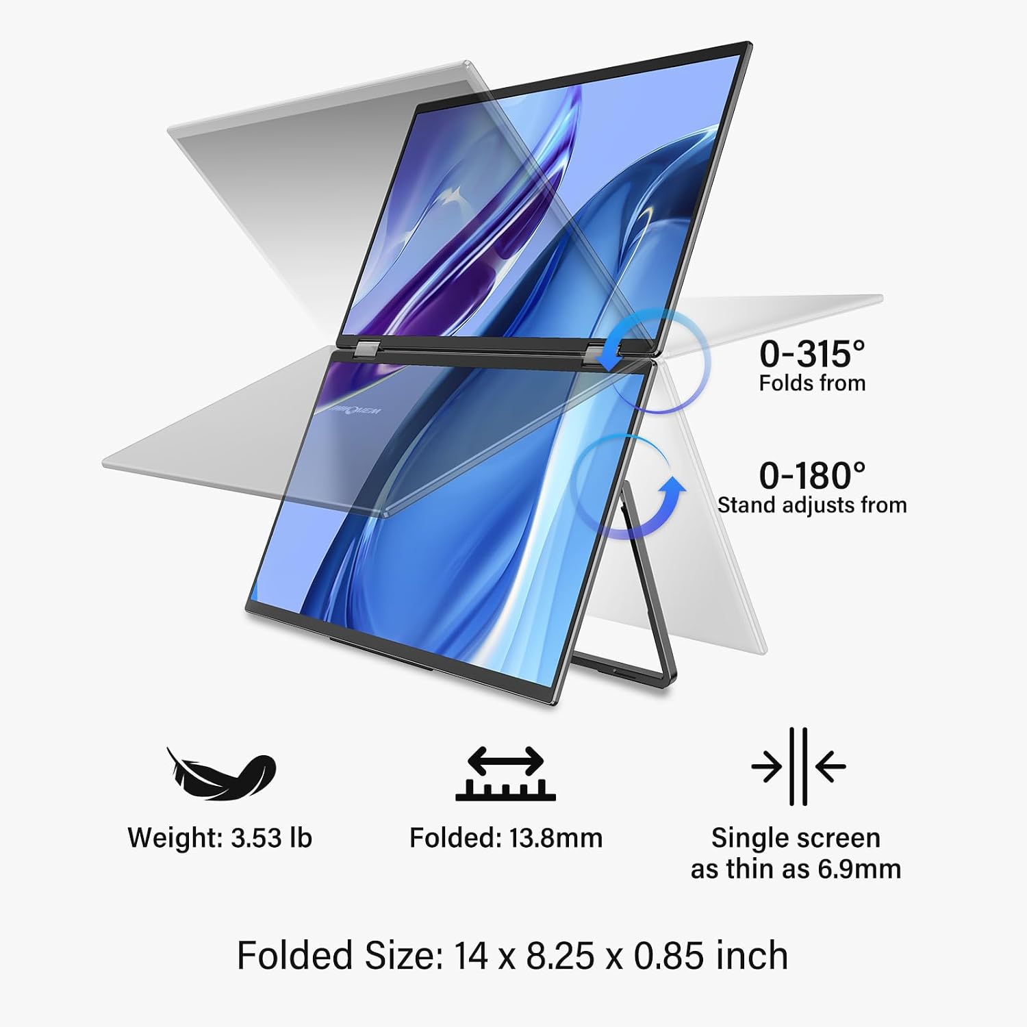 InnoView Portable Dual Monitor 15.6' 3840x2160P 4K 100% sRGB | Owl Eye Vision - Foldable Design with 315° Screen Adjustment, 180° Stand | DP/USB-C/HDMI, Dual Screen Extender for Laptop, Mac, Windows