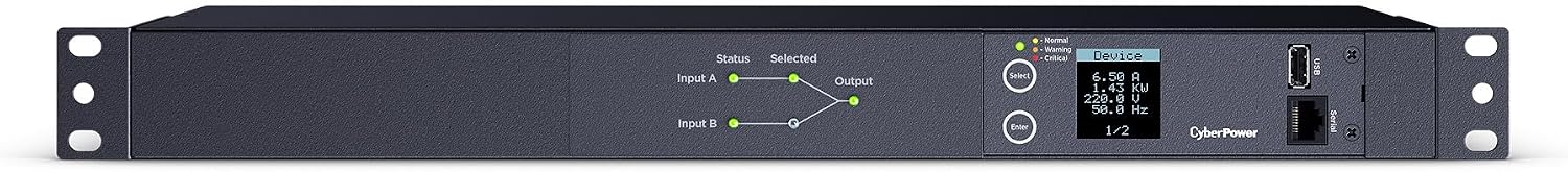 CyberPower PDU24004 Metered ATS PDU, 200-240V, 15A (Derated to 12A), 12 Outlets, 1U Rackmount