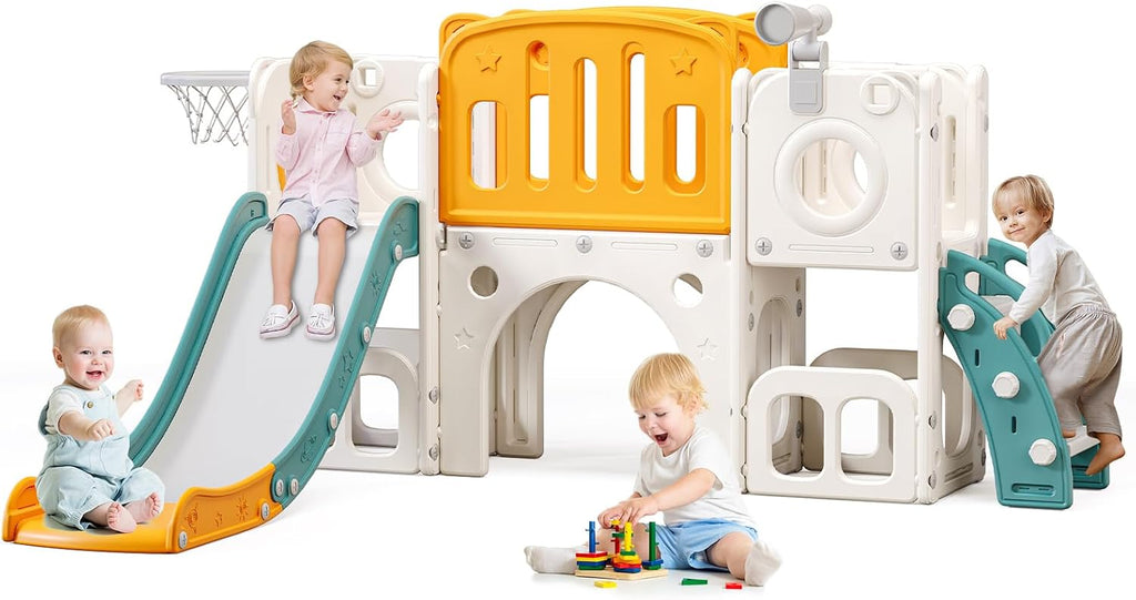 8 in 1 Toddler Slide,Kids Climber Slide with Storage Space and Non-Slip Steps,Indoor Outdoor Playset with Basketball Hoopa and Telescope,Slide for Toddlers 3+