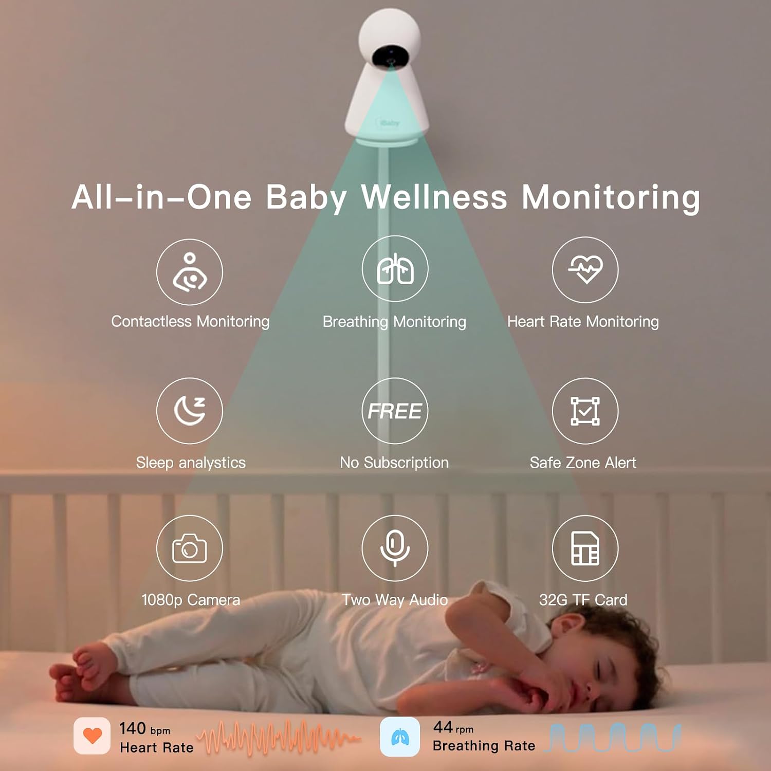 iBaby i20 Contactless Baby Monitor: Track Live Heart Rate, Breathing, Sleep, Movement - Wellness Baby Monitor with Floor Stand - 1080p WiFi Camera, Night Vision, 2-Way Audio, Cry and Safety Alerts