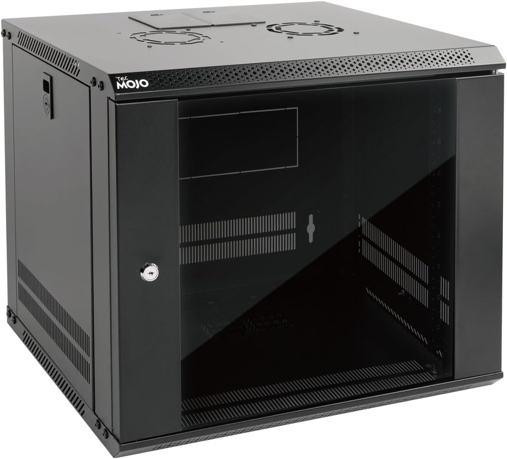 Tecmojo 9U Wall Mount Server Cabinet IT Network Rack Enclosure Lockable Door and Side Panels Black,Cooling Fan, Glass Door, 17.7inch Depth,for 19' IT Equipment, A/V Devices