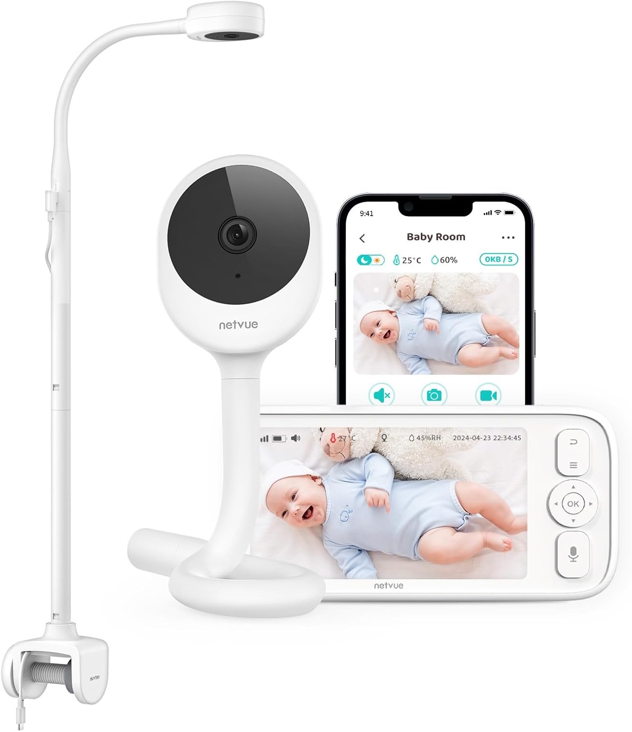 NETVUE Peekababy Baby Camera Monitor Video - Baby Monitor with Camera and Audio, 5' Display, 2-Way Talk, 4 in 1 Bracket Meets The Needs in All Scenarios, Smart Phone App, Cry Detection