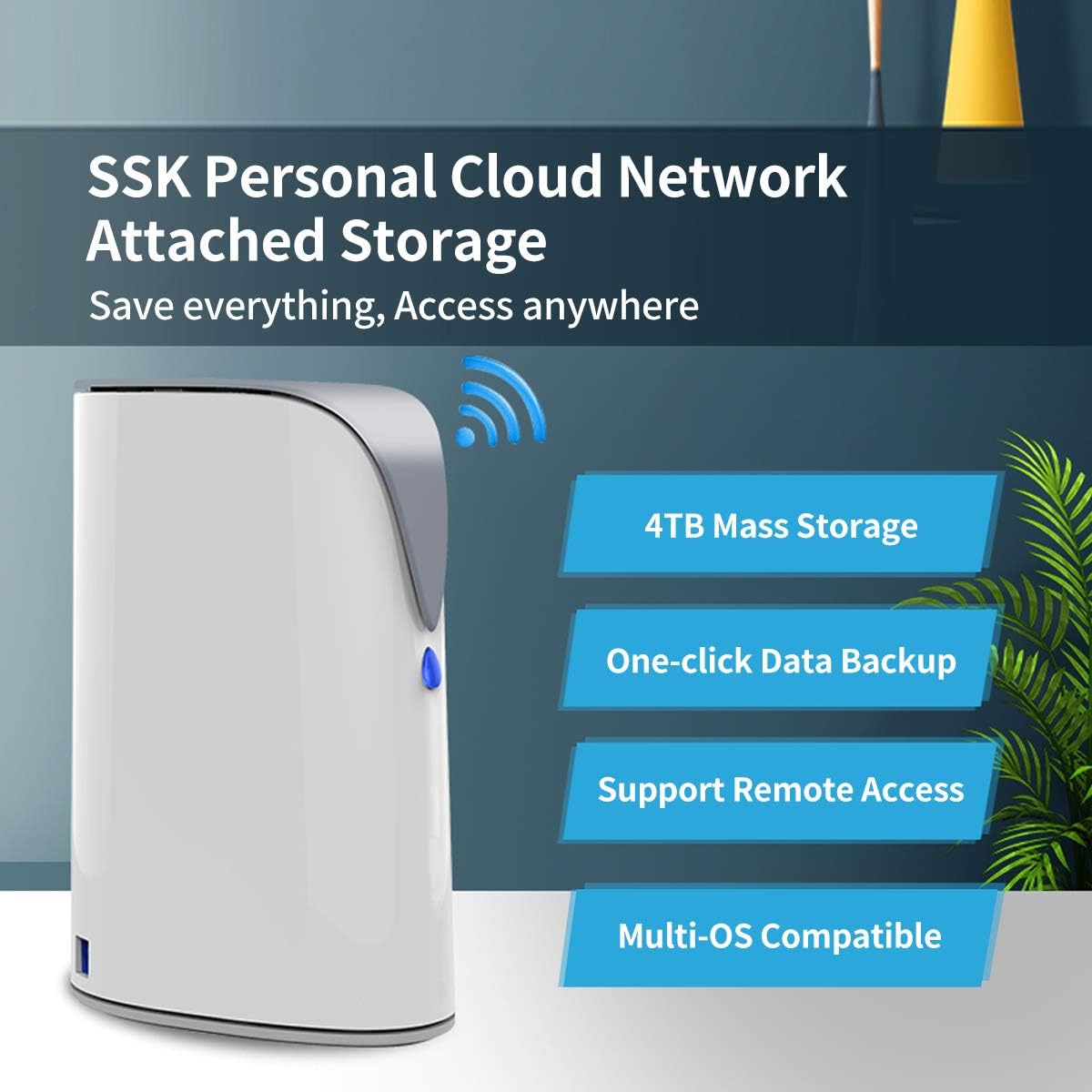 SSK 4TB Personal Cloud Network Attached Storage Support Wireless Remote Access, Home Office NAS Storage with Hard Drive Included for Phone/Tablet PC/Laptop Auto-Backup (Not Support WiFi Connection)