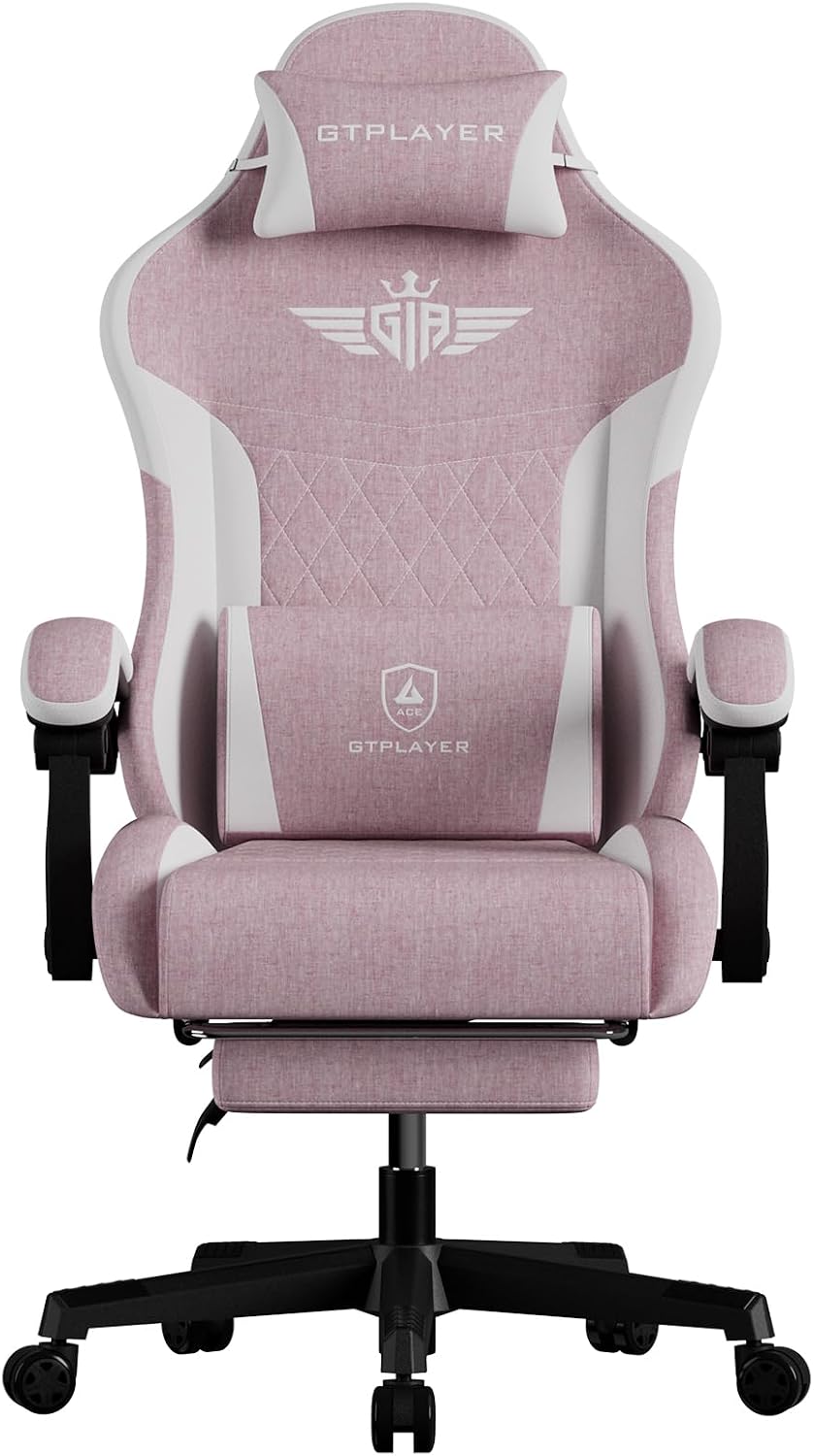 GTPLAYER Gaming Chair, Video Game Chairs with Footrest and Lumbar Support, Computer Chair for Adults with Extended Backrest, Ergonomic Reclining Silla Gamer, Linen Fabric, Pink