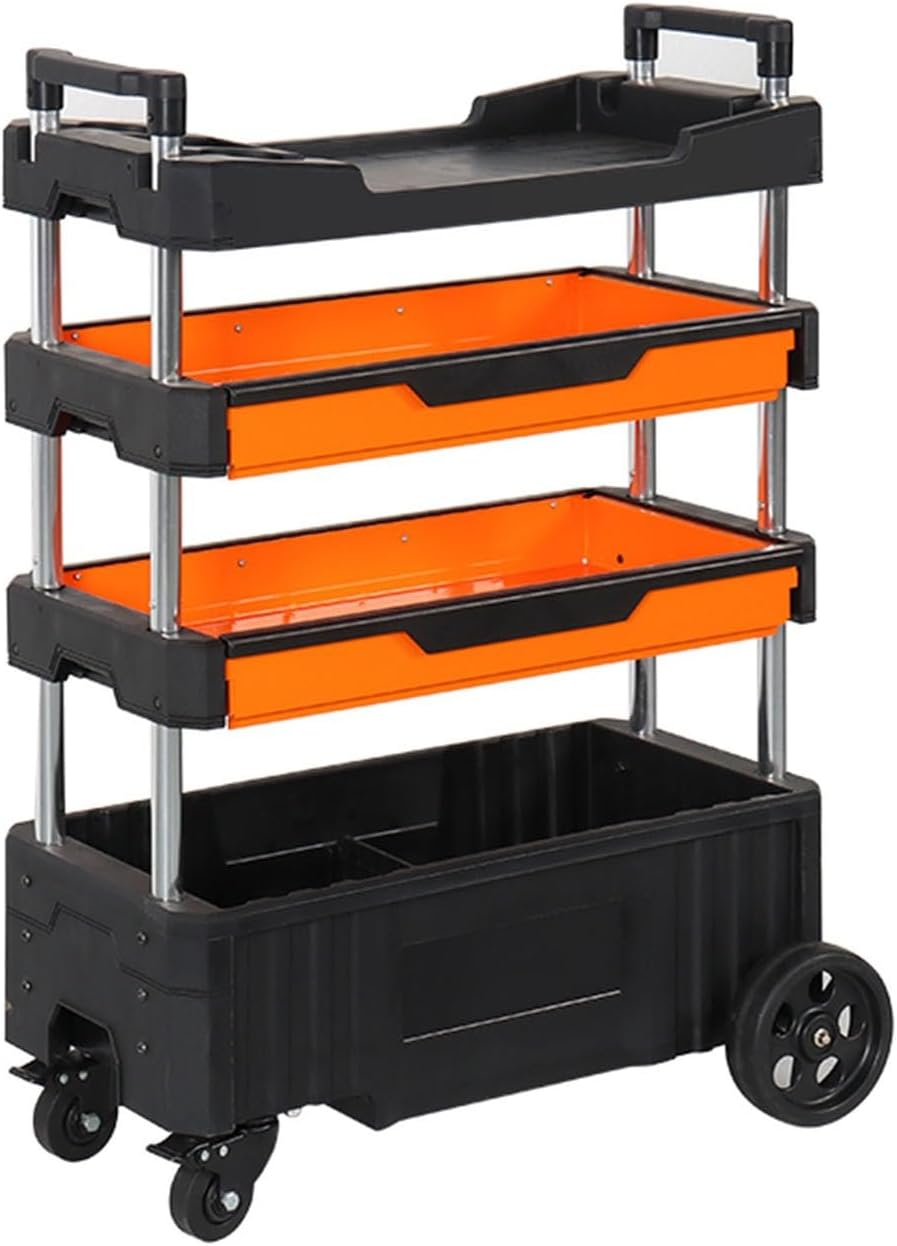 Tool Box Folding Service Cart, Heavy Duty 4-Shelf Rolling Tool Cart, Emovable Tool Trolley for Warehouse Storage, Garage, Cleaning Tool Storage