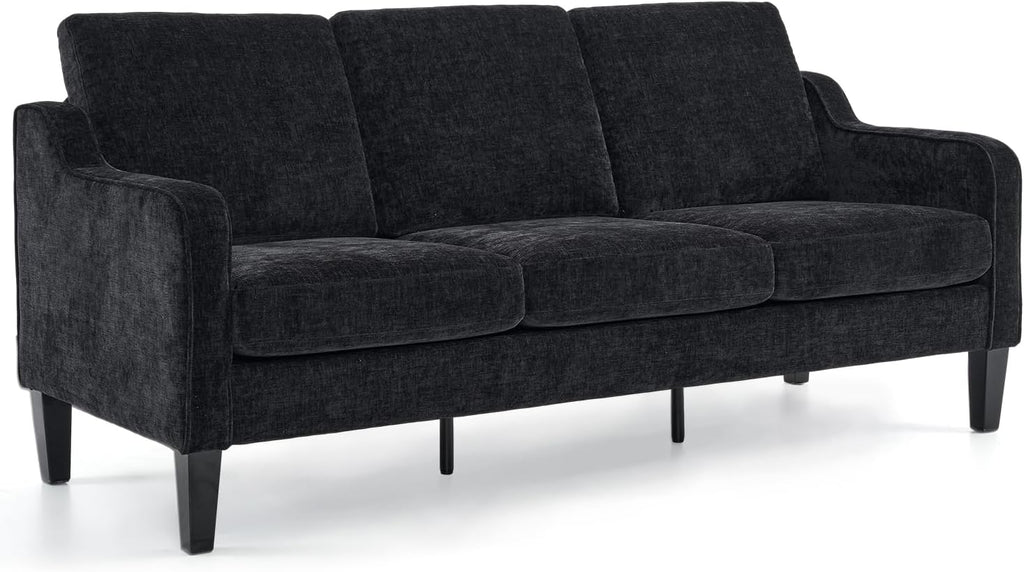 VINGLI Black Couches for Living Room, 71' Small Couch Comfy 3 Seater Upholstered Chenille Sofa Mid-Century Modern Floor Sofas for Small Spaces, Bedroom, Apartment, Lounge, Office