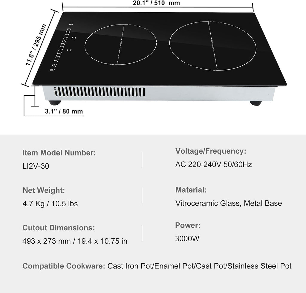 Happybuy 12' Electric Cooktop, 2 Burners, 3000W Induction Stove Top, Built-in Magnetic Cooktop, 9 Heat Levels, LED Touch Screen with Child Lock & Over-Temperature Protection
