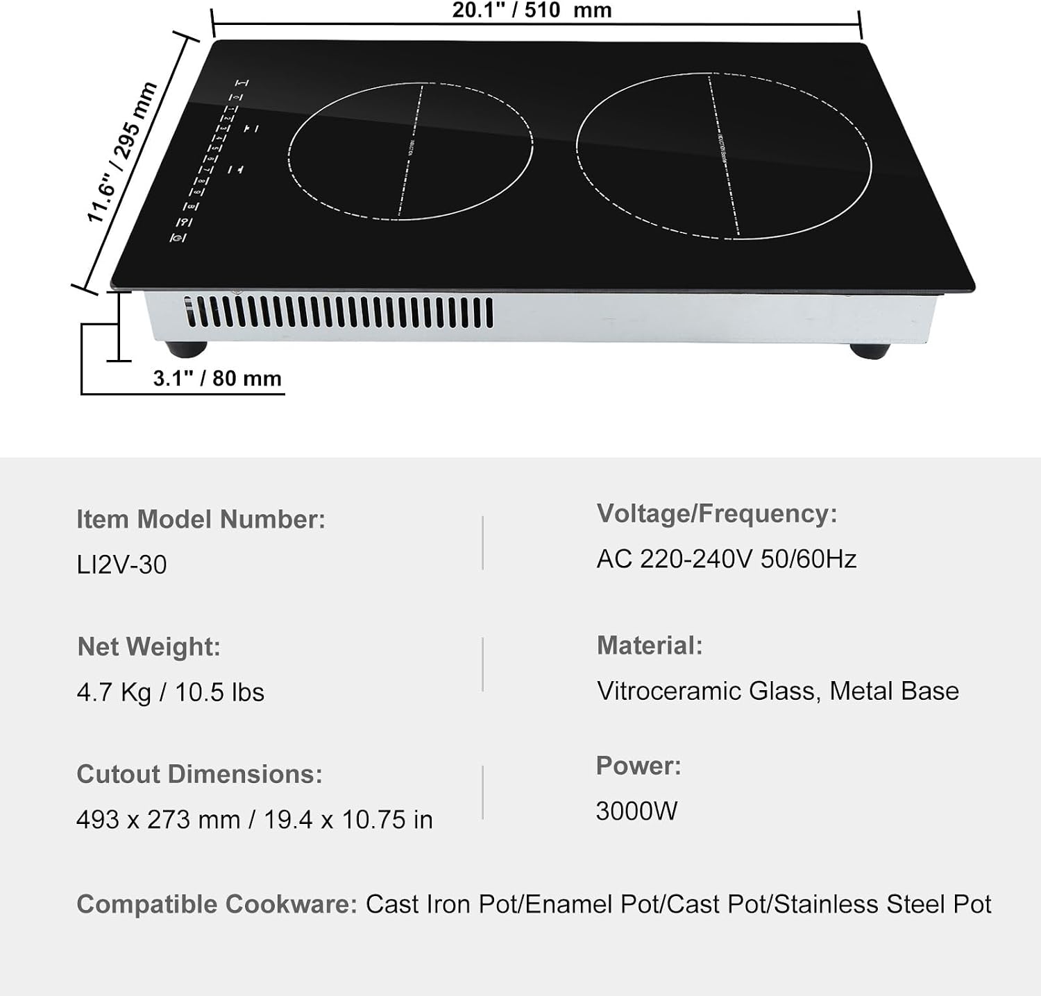 Happybuy 12' Electric Cooktop, 2 Burners, 3000W Induction Stove Top, Built-in Magnetic Cooktop, 9 Heat Levels, LED Touch Screen with Child Lock & Over-Temperature Protection