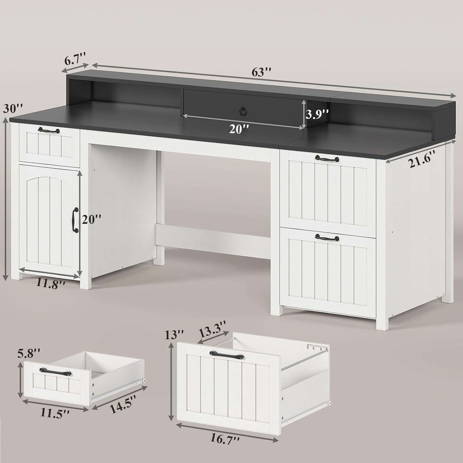 SEDETA Farmhouse 63' Executive Desk, Home Office Desk with File Drawer and Monitor Stand, Computer Desk with Drawers and Storage Cabinet, Wood Desk for Work Study Writing, White