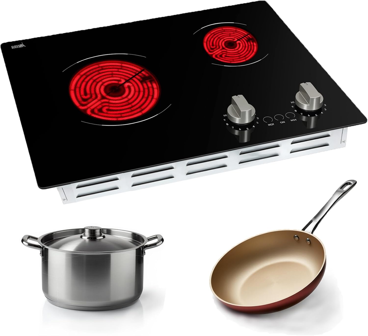 21 Inch 2 Burners Electric Cooktop 3700W Apartment Electric Stove Top Double Radiant, UL Certified, 9 Heating Level Knob Control, Overheating Protection, 110V-240V Ceramic Glass Cooktop