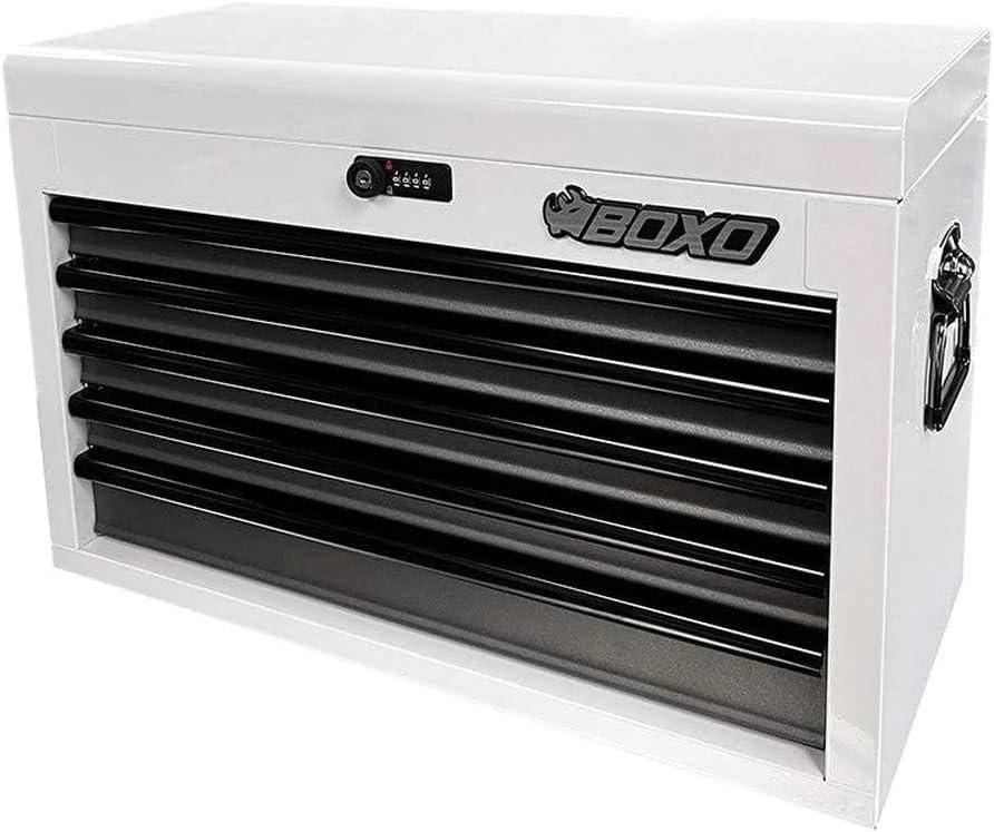 BOXO USA Heavy Duty 26' Toolbox 103 Piece MotoBox Locking Tool Set with 5 Drawers Carry Box (White)