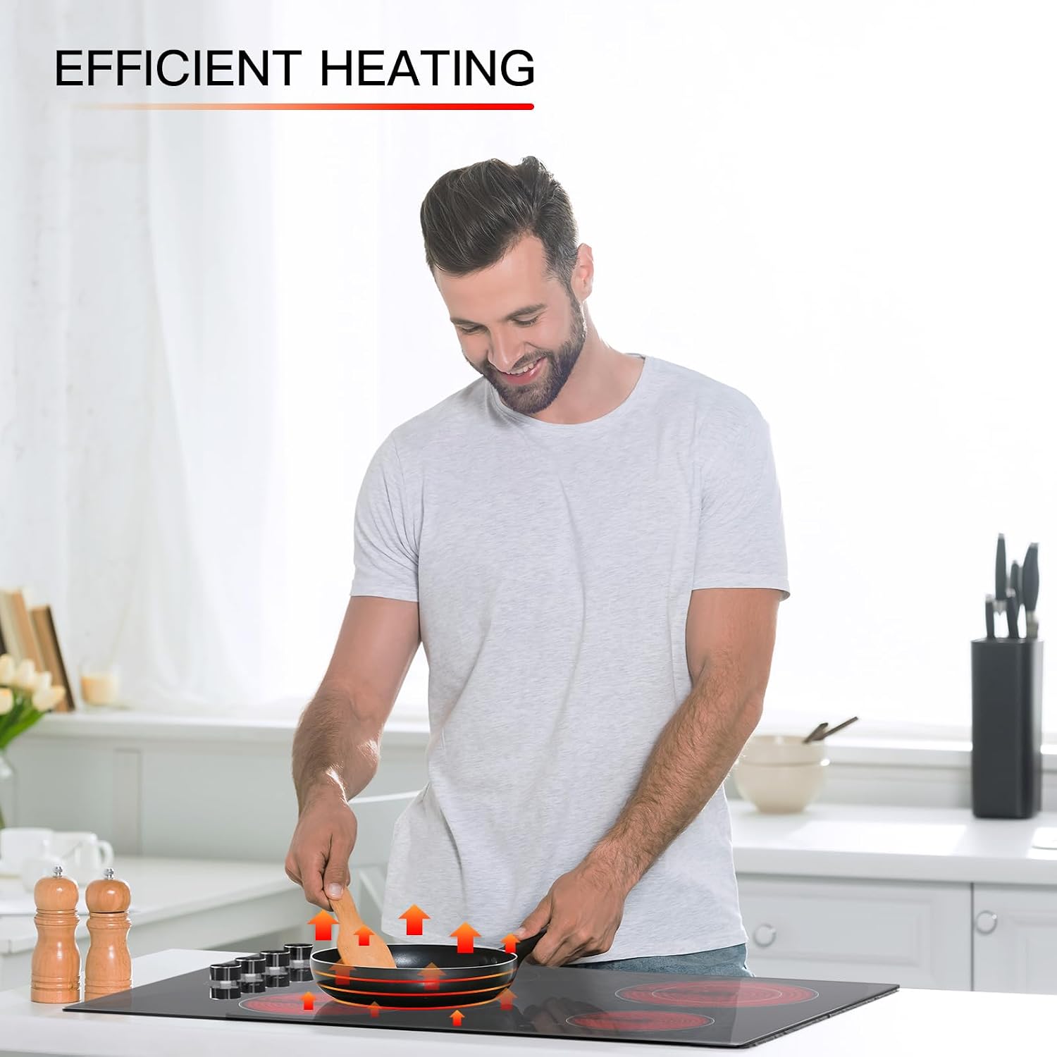 IsEasy 30-Inch Electric Cooktop, 4 Burners Built-In Ceramic Stove, Black Satin Glass with Knob Controls, 11 Power Levels/Timer/Child Safety Lock, 220-240V, 6700W
