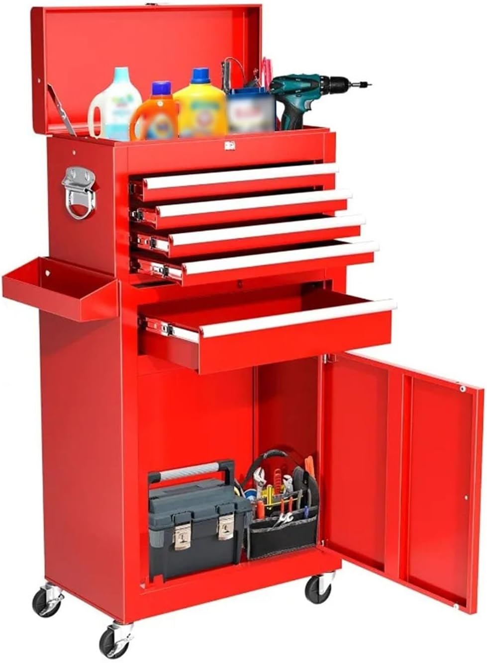 Tool Box Portable Rolling Tool Chest with Detachable Top Box and Lockable Wheels | Heavy Duty Tool Cabinet with Drawer Liners, for Garage, Warehouse & Repair Shop Tool Storage(Red)