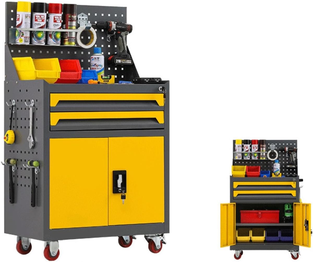 Multifunctional 2-Drawer High Capacity Rolling Tool Chest, Removable Cabinet Storage Tool Box with Wheels and Lock for Mechanical Workshops for Garage(Yellow)