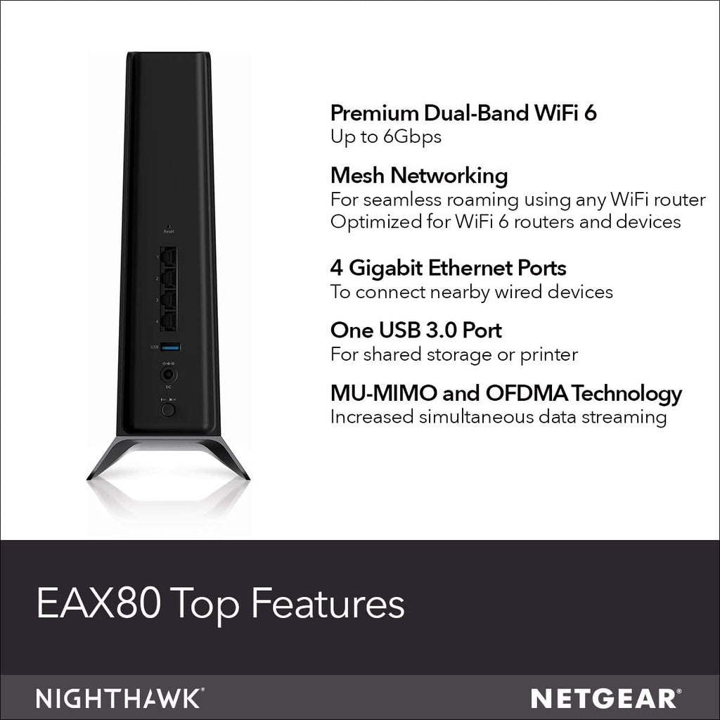 NETGEAR Nighthawk WiFi 6 Mesh Range Extender EAX80 - Add up to 2,500 sq. ft. and 30+ Devices with AX6000 Dual-Band Wireless Signal Booster & Repeater (up to 6Gbps Speed), Plus Smart Roaming