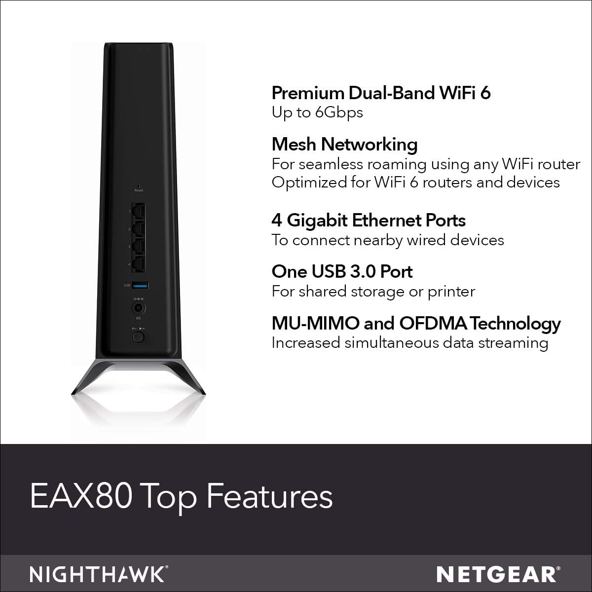 NETGEAR Nighthawk WiFi 6 Mesh Range Extender EAX80 - Add up to 2,500 sq. ft. and 30+ Devices with AX6000 Dual-Band Wireless Signal Booster & Repeater (up to 6Gbps Speed), Plus Smart Roaming
