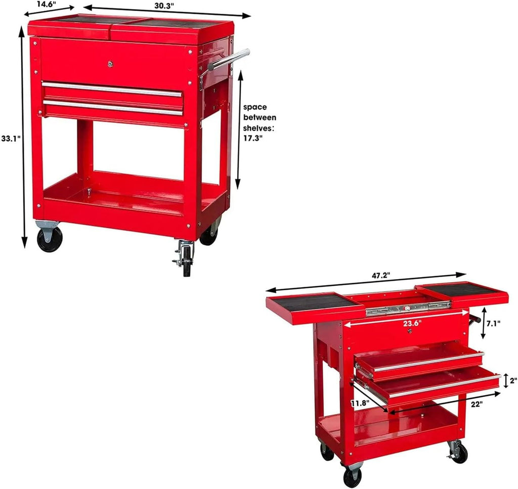 Tool Box Rolling Garage Workshop Tool Organizer with Directional Wheels, 2 Drawer Tool Chest Tray with Top Work Surface and Storage Push Cart Tool Storage