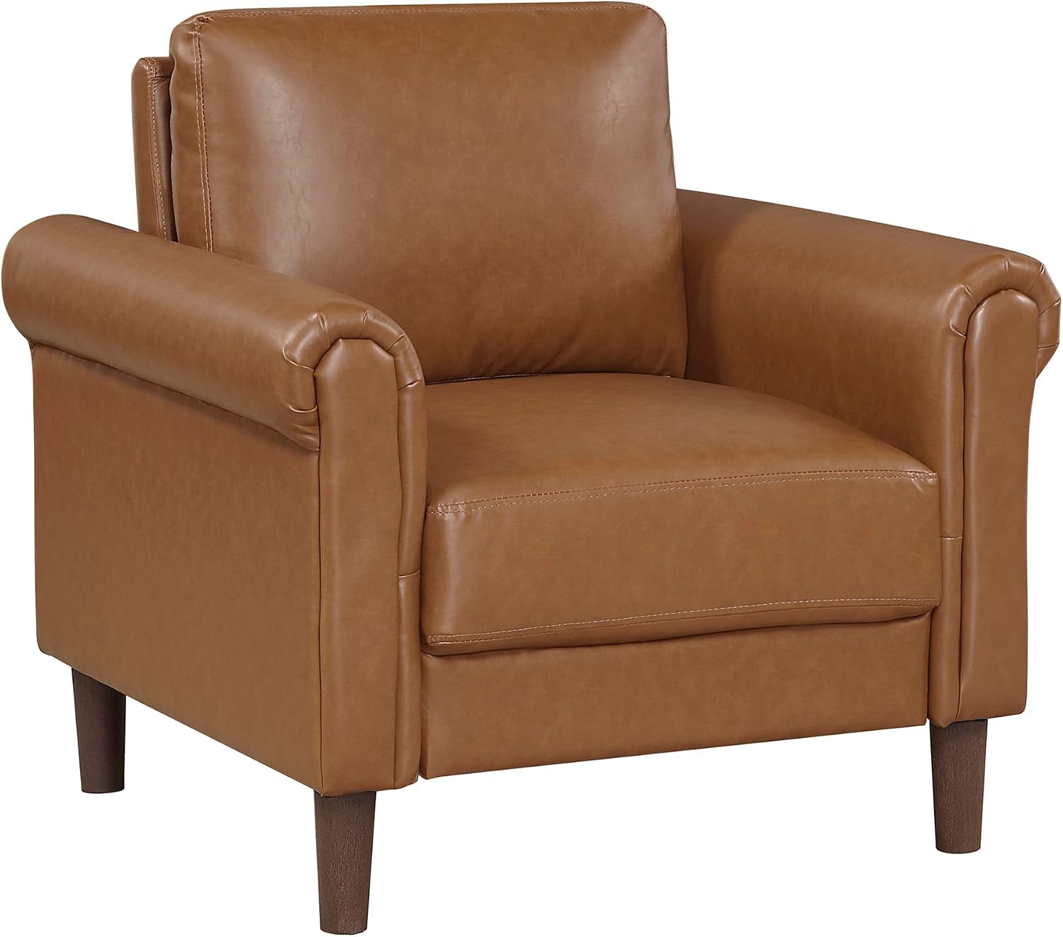 Lexicon 35' W Living Room Accent Chair, Faux Leather Upholstered Armchair with Rolled Armrest for Bedroom/Office/Waiting Room, Single Sofa Chair, Brown