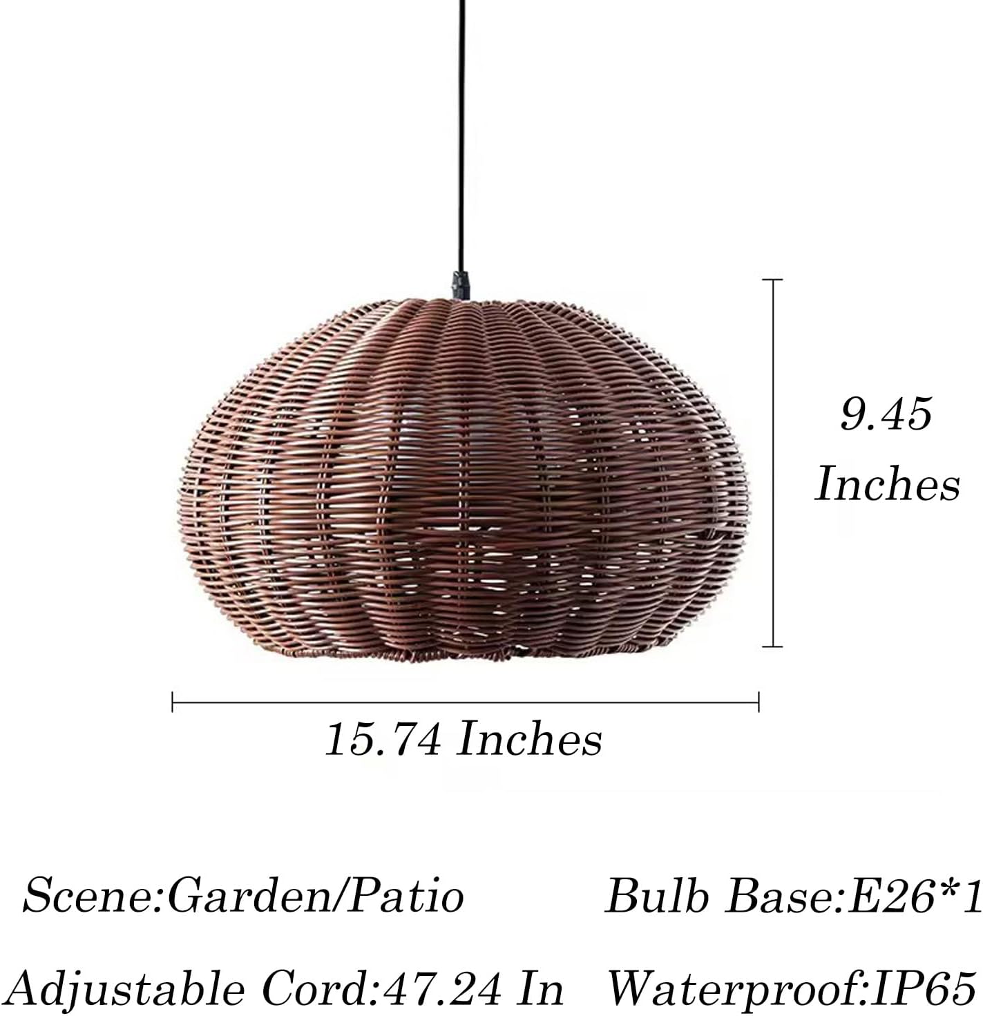 MIXL- Hand-Woven Rattan Pendant Light,Waterproof Outdoor Lighting Fixture,Adjustable Pendant Hanging Lamp,Vintage Style Hanging Light for Garden Patio and Yard