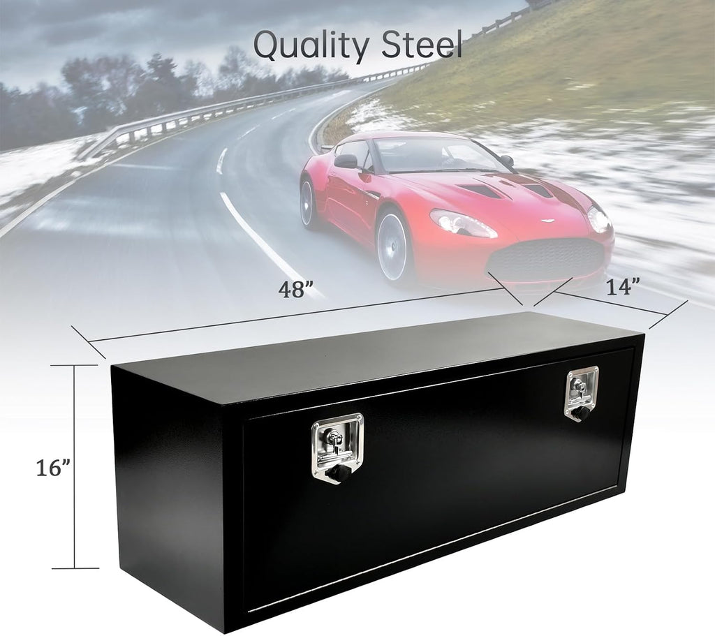 48'' Inch Steel Underbody Truck Tool Box & T-Handle Latch Heavy Duty for Trucks Trailers RV ATV Pickup Trucks Flatbeds Organization Storage Job Tool Chest -48'(L) x 14'(W) x 16'(H) Black