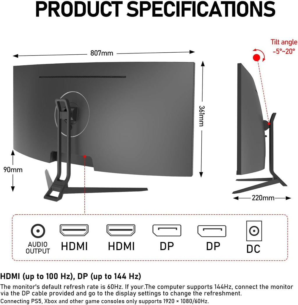 Gawfolk 34 Inch Ultrawide Curved 144Hz Gaming Computer Monitor 1500R PC Screen 21:9 UWQHD (3440x1440),Adaptive Sync,178° Viewing Angle,Display Port 1.4、HDMI 2.0,Compatible with wall mounting -Black