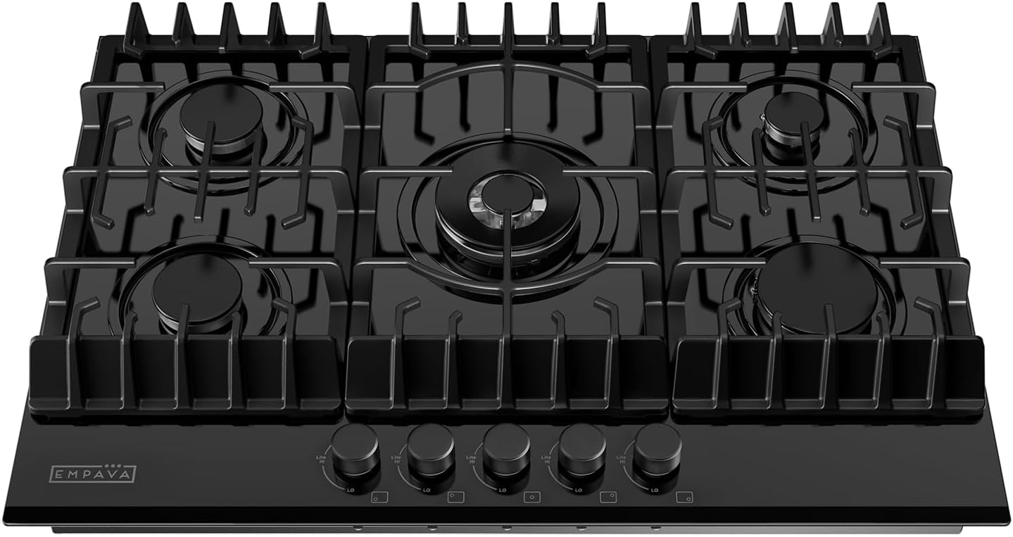 Empava 30' Gas Stove Top Cooktop 5 Italy Sabaf Sealed Burners NG/LPG Convertible in Black Tempered Glass
