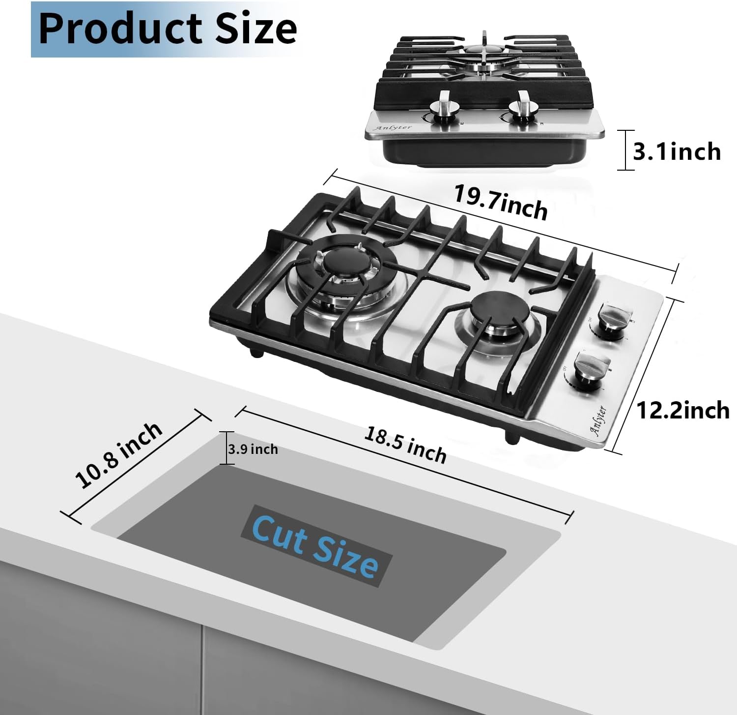 12 Inch Gas Cooktop, 2 Burners Built-in Gas Stovetop Stainless Steel Gas Stove Top Propane/Natural Gas Convertible Sealed Gas Cooktop for RVs, Apartments, Outdoor