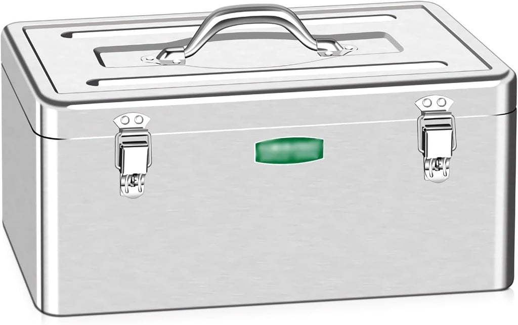 Multifunctional Silvery Metal Tool Box Metal Storage Box Portable Organizers Household Tool Storage Case with Removable Tray and Carry Handles for Garage(Medium)