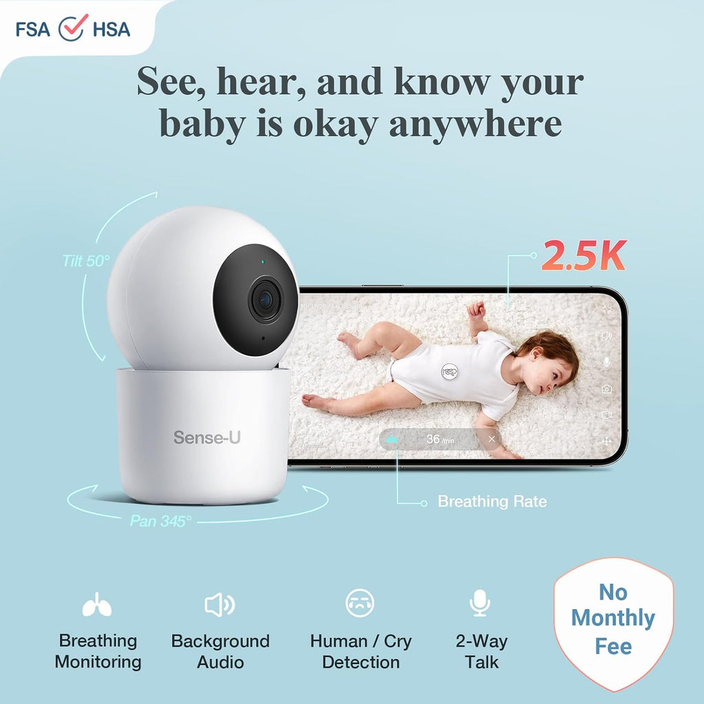 Sense-U AI 2.5K PTZ Baby Camera Monitor with Sensor-Free Sleep Breathing Movement Detection, Smart Security Indoor Video Camera with Background Audio, Cry Detection, No Monthly Fee, for Peace of Mind