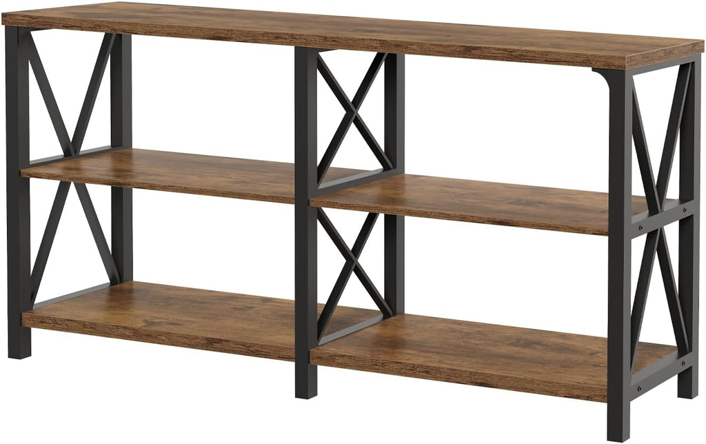 LVB Wood Console Table, Rustic 3 Tier Sofa Table Behind Couch, Industrial Metal Entryway Table with Storage Shelf, Farmhouse Wooden Foyer Hallway Table for Entry Living Room, Rustic Brown, 55 Inch