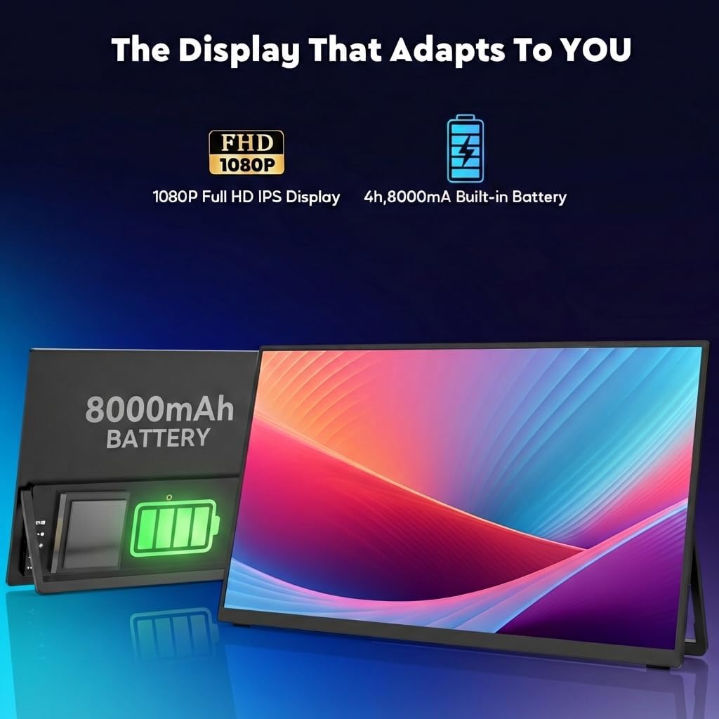 ZSCMALLS Battery Wireless Portable Monitor, 8000mAh 15.6' 1080P IPS USB-C/HDMI Second Screen, Built-in Speakers, Support AirPlay/Miracast for Laptop/Phone/Tablet/Switch/Xbox, Carry Bag Included