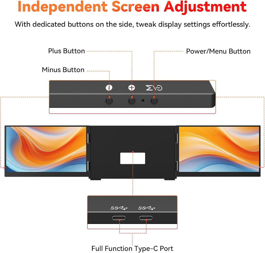HotYeah Laptop Screen Extender (Windows Only), 15.6' 1080P Dual Extended Monitor, USB-C Travel Screen for 12-17' Laptop, Triple Portable Monitor w/Kickstand & 240° Rotation, One Cable Connection