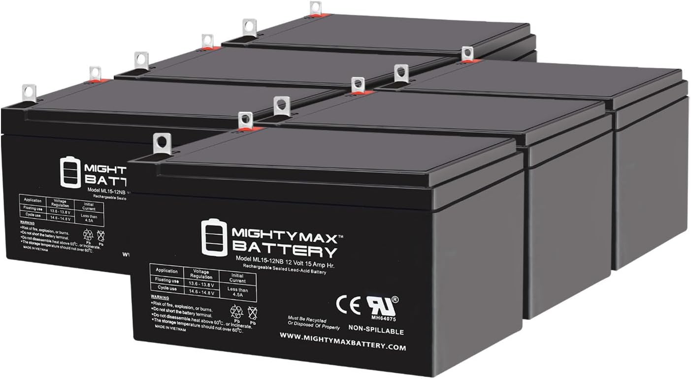 Mighty Max Battery ML15-12NB - 12 Volt 15 AH, NB Terminal, Rechargeable SLA AGM Battery - 6 Pack