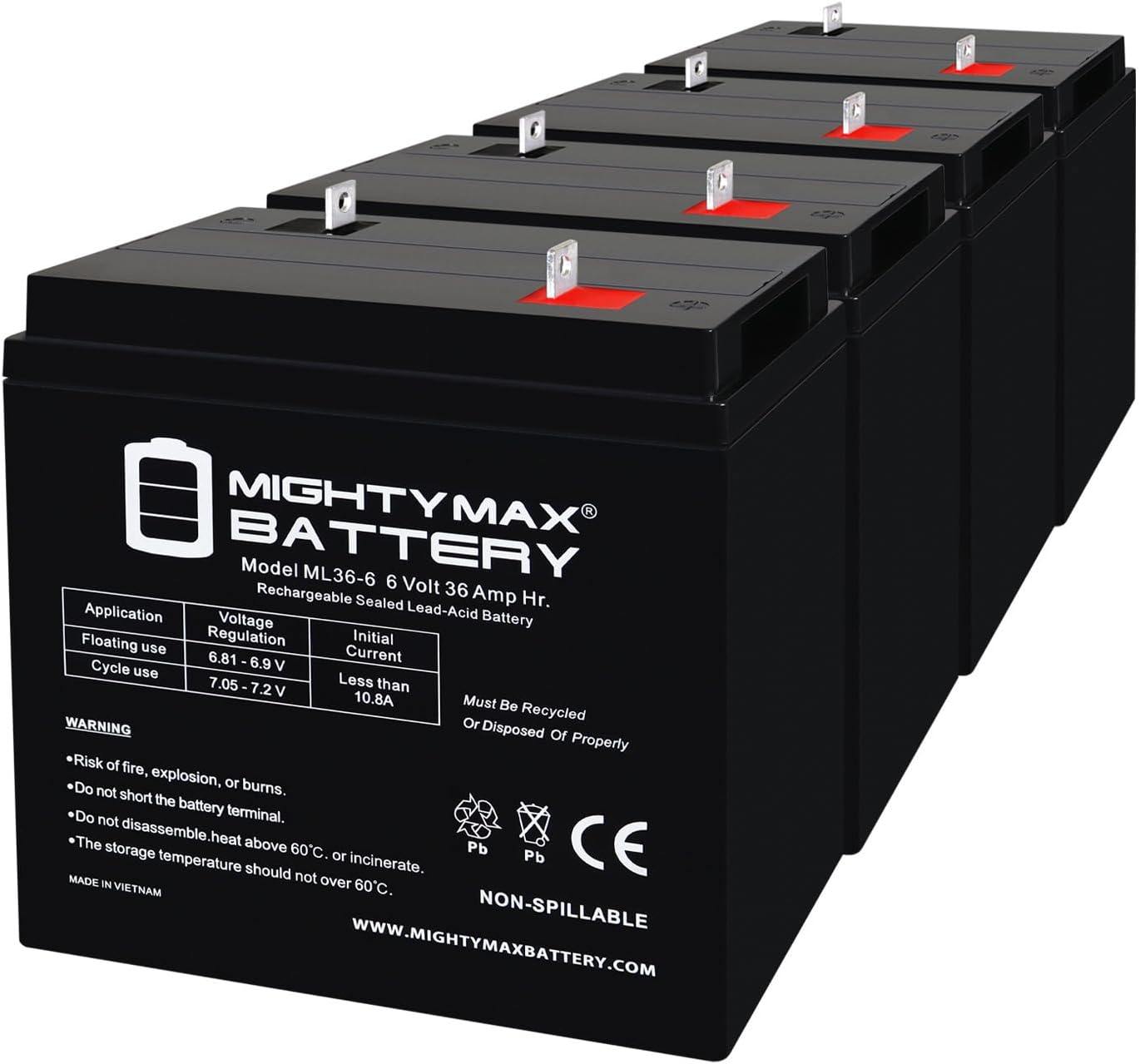 Mighty Max Battery ML36-6NB - 6 Volt 36 AH, NB Terminal, Rechargeable SLA AGM Battery - 4 Pack