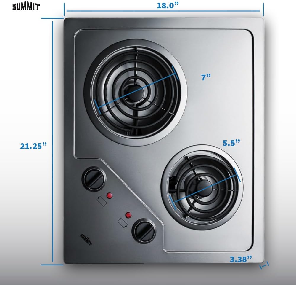 Summit 21' 2 Burner Electric Cooktop. 115 Volt Coil Electric Cooktop, ADA compliant, Stainless Steel- CR2B122