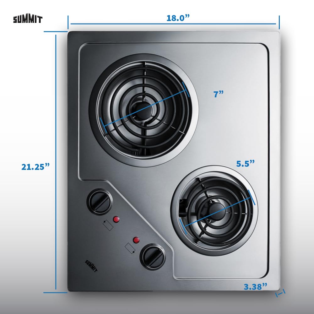 Summit 21' 2 Burner Electric Cooktop 230 Volt Coil Electric Cooktop, ADA compliant, Stainless Steel- CR2B224S