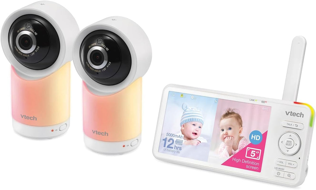 VTech RM5766-2HD RM57662HD Smart Wi-Fi 1080p 2-Camera 360°-Pan-and-Tilt Video Baby Monitor System with 5-in. Display, Night-Light, and Remote Access, White