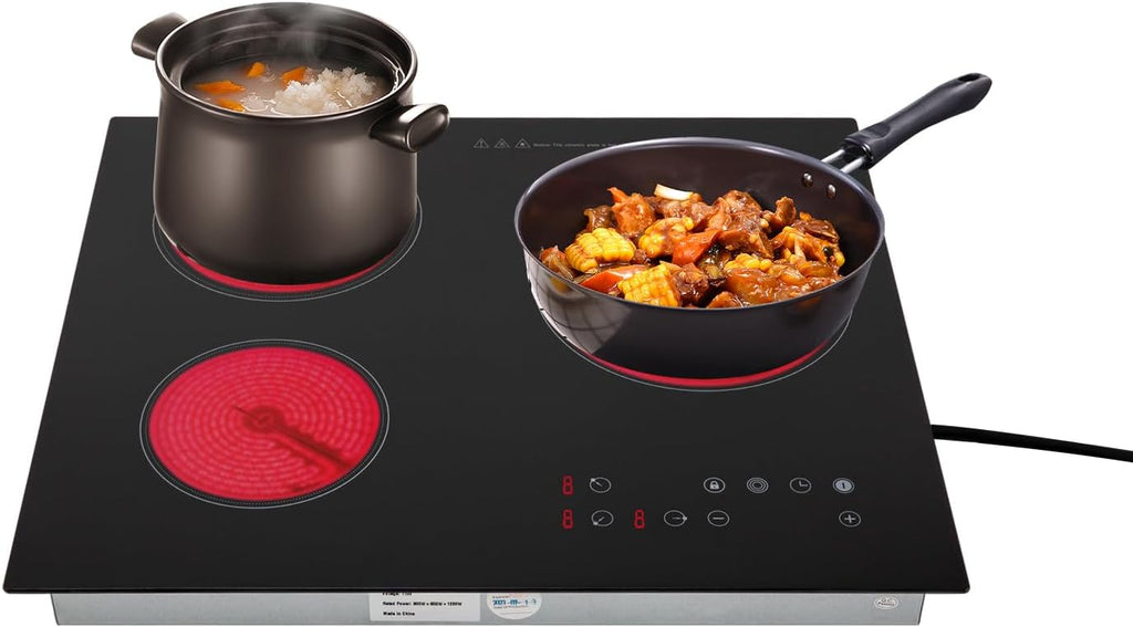 Electric Ceramic Cooktop, 3 Burners Radiant Electricing Stove Top with Plug, Child Safety Lock, Sensor Touch Control, 9 Heating Levels Cooker for Kitchen (3 Burners Electric Ceramic Cooktop)