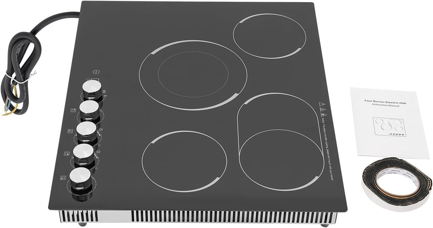Electric Cooktop 24 Inch, 3400W Drop-in 4 Burner Electric Stovetop in Black with 5 Power Levels, 0-99 Minute Timer, Child Safety Lock, 110V - 23.62x20.08x3.94in(No Plug)