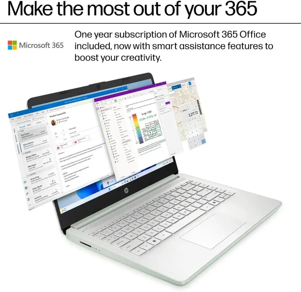 HP Ultra Thin 14' Laptop with Copilot, Intel N150, 8GB RAM, 384GB(128GB eMMC+256GB SD Card) • HUB • Mouse, Windows 11 Pro, 1-Year Office 365, Lightweight Green Notebook for Work & School