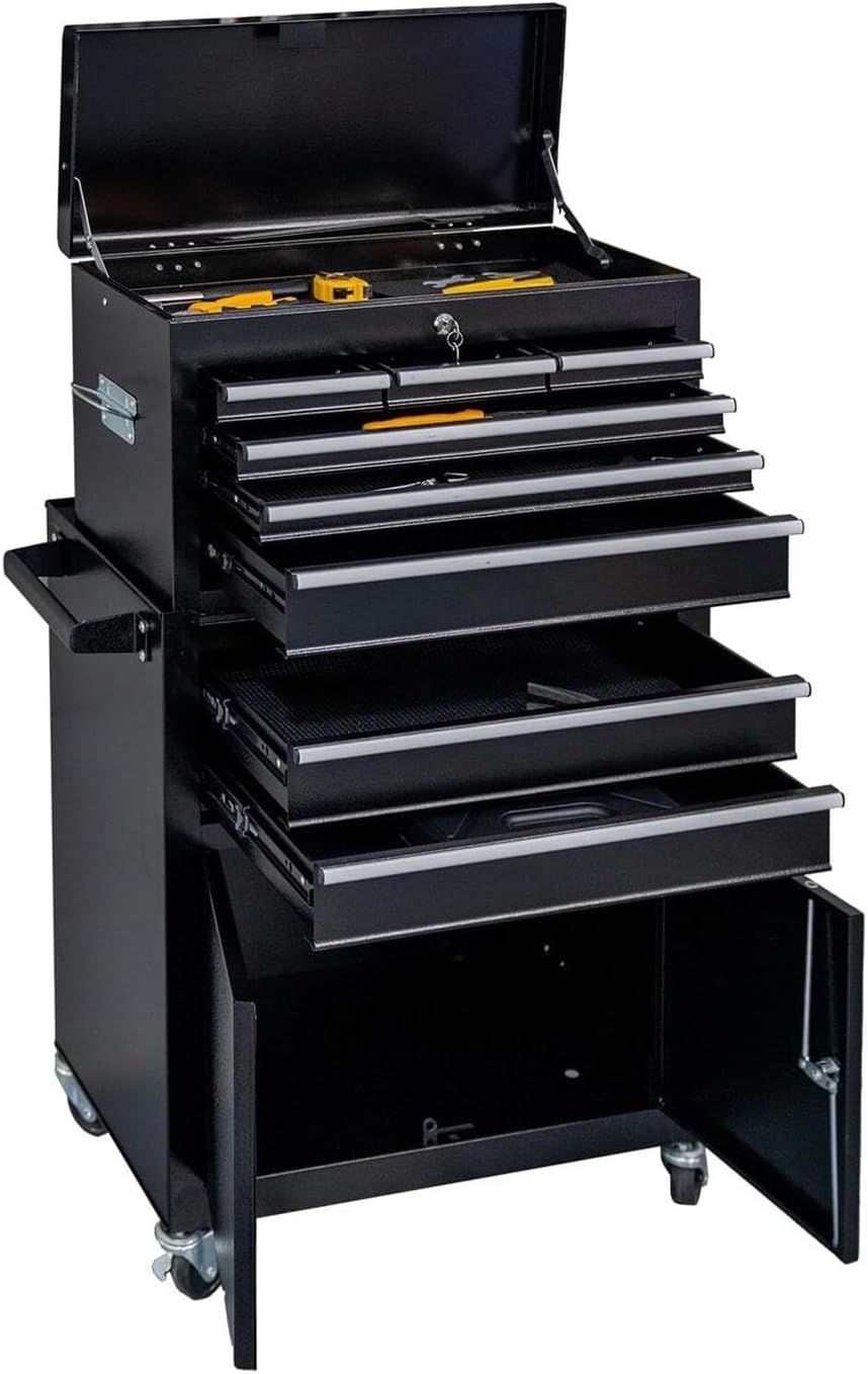 Multifunctional Rolling Tool Chest with 8 Drawers and Detachable Top Tool Box, Mobile Steel Tool Storage Organizer, Tool Chest on Wheels for Warehouse&Workshop, Side Hooks & Drawer Liners for Garage