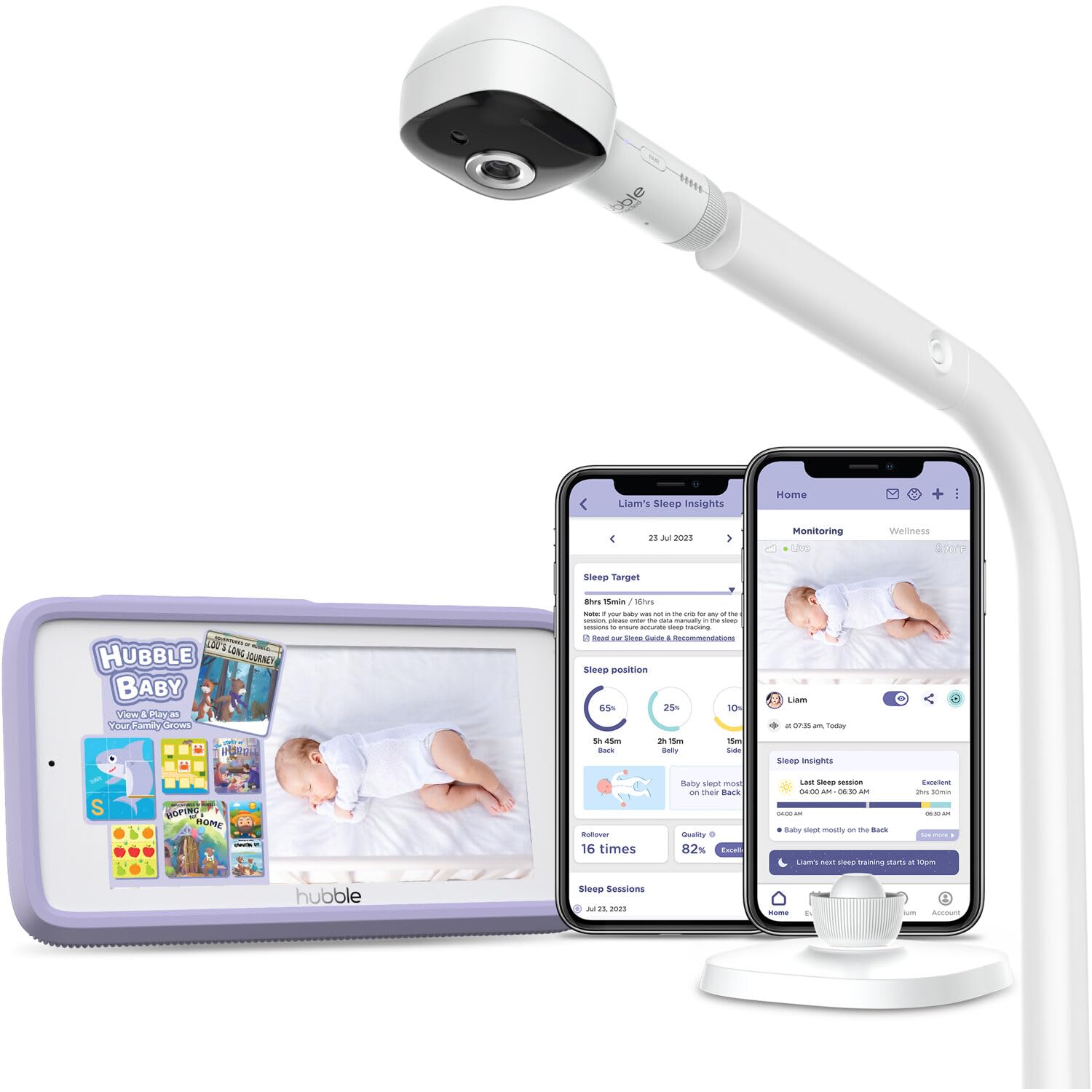 HUBBLE CONNECTED SkyVision AI Pro Baby Monitor — Baby Camera Monitor w/Covered Face, Rollover & True Cry Detection, Sleep Trainer, Soother & More — w/Touch Screen HD Parent Unit, Crib Mount System