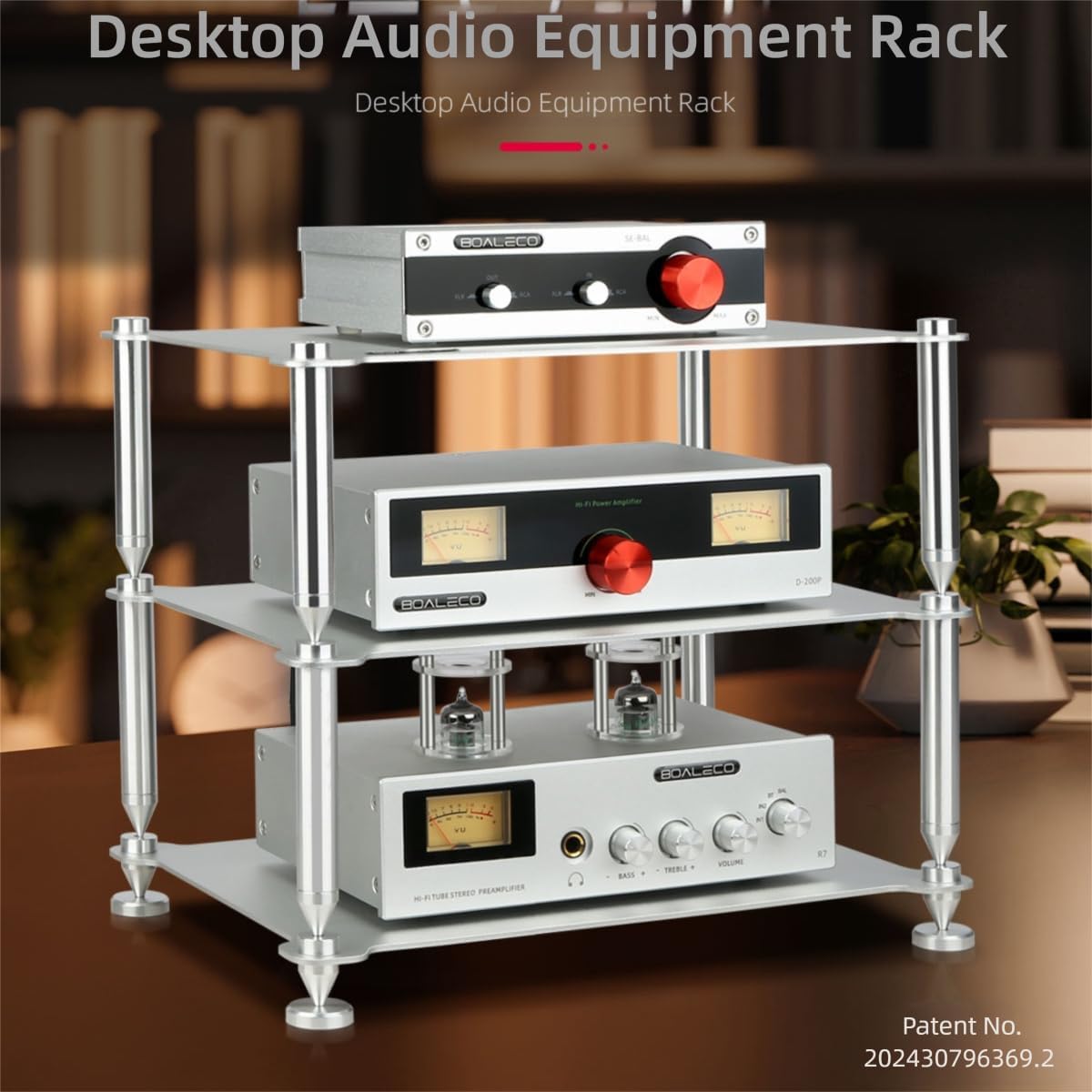 BOALECO FX2 Audiophile Audio Rack, 3-Tier Desktop HiFi Isolation Stand with Solid Aluminum Pillars, Modular Equipment Shelf for Amplifiers, DACs, and Preamps