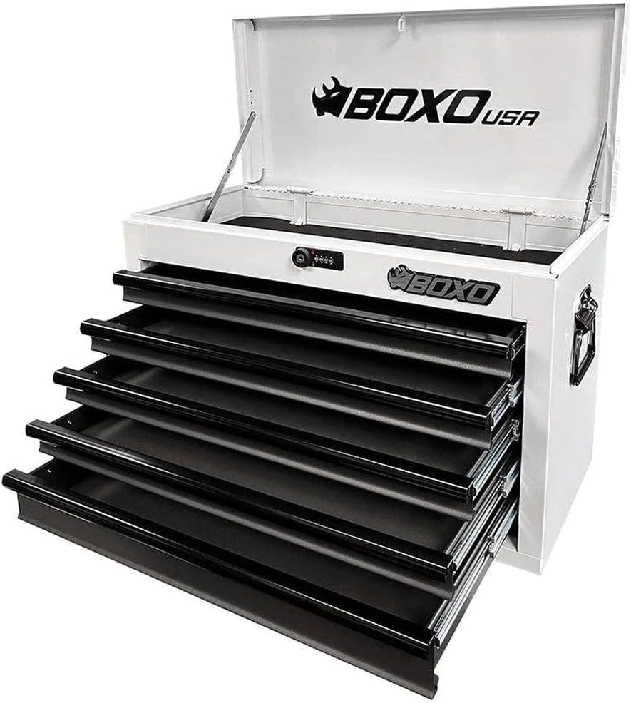 BOXO USA Heavy Duty 26' Toolbox 103 Piece MotoBox Locking Tool Set with 5 Drawers Carry Box (White)