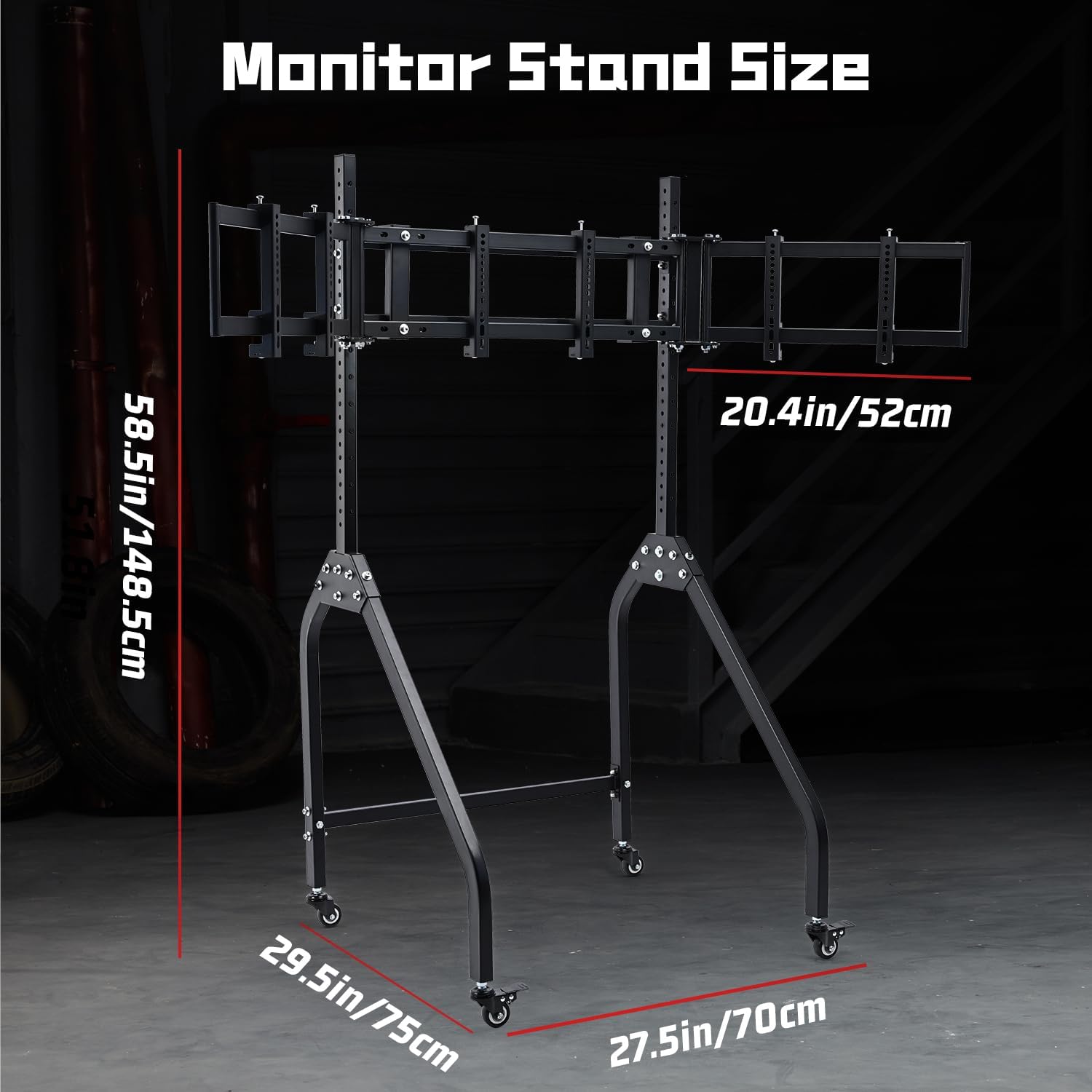 Dardoo Triple Monitor Stand with Brake Casters – Ergonomic Height/Tilt/Spacing Adjustment for 27 to 32 inch Monitors, Gaming Workstation Setup