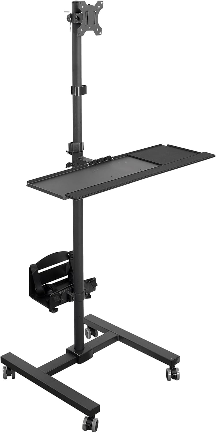 Mount-It! Rolling Computer Cart on Wheels, Mobile Desk Workstation with Monitor Mount for up to 32' Screen, Full Keyboard Tray, Floating Adjustable CPU Holder, Standing up to 70' Tall
