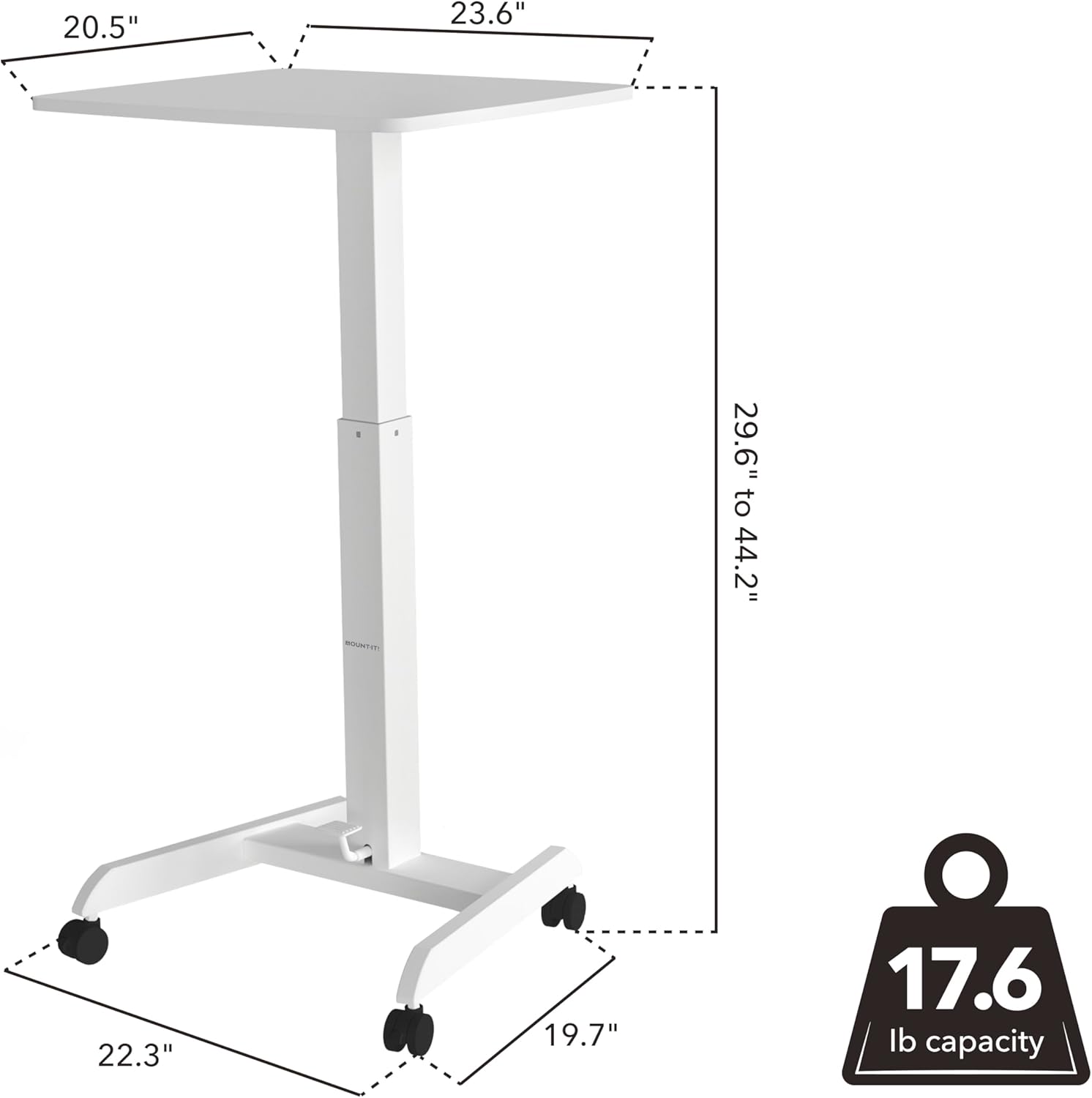 Mount-It! Adjustable Rolling Laptop Desk, Mobile Standing Desk with Wheels, Small Sit-Stand Computer Cart for Home, Office, or Classroom, 29.6–44.2' Height, 23.6'x20.5' Desktop, White
