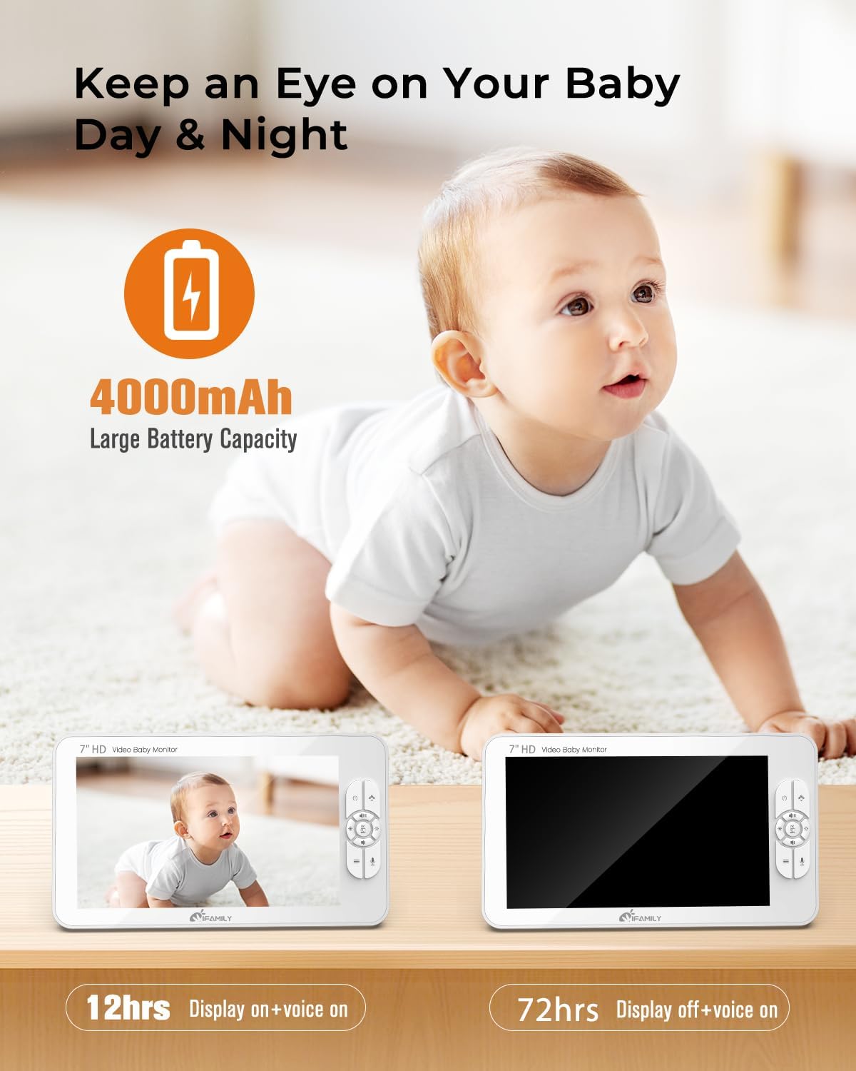iFamily 7' Large Split Baby Monitor with 2 HD Cameras and Audio, 1080P HD Video Baby Monitor No WiFi,Hack Proof